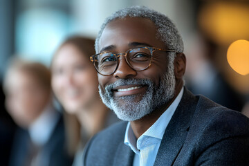 Fototapeta premium Smiling man in glasses, suit Meeting background, out of focus