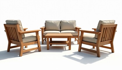 Outdoor teak garden set isolated on transparent background. Furniture includes two armchairs, sofa, coffee table. Natural wood, white cushions. Summer patio, terrace, deck decor. Modern stylish
