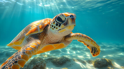 Obraz premium Sea turtle swimming gracefully in clear, blue ocean waters