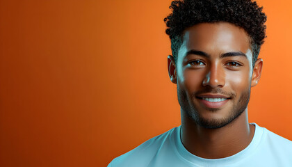 Fototapeta premium Smiling man with dark curly hair against orange backdrop Portrait, headshot