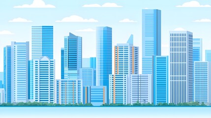Obraz premium Colorful Urban Skyline with Modern Skyscrapers and Blue Sky in a Contemporary City Landscape