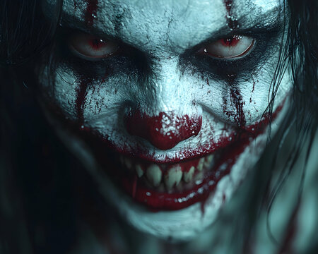 Sinister clown with bloody face paint and piercing red eyes