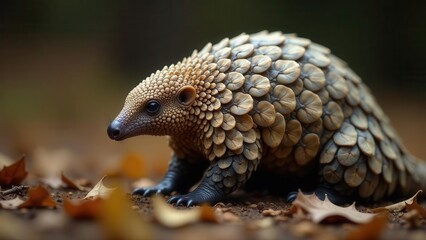 Fototapeta premium A Small Pangolin Among Autumn Leaves A Close-Up View of Its Unique Scaly Armor