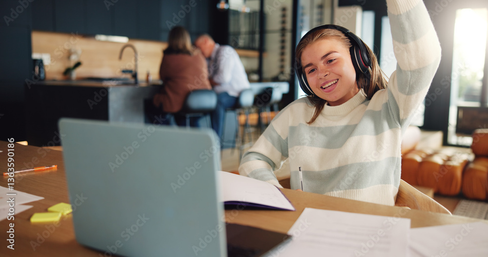Poster video call, answer and child on laptop with hand for online learning, education and lesson in home. 