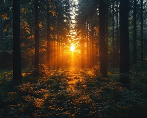 Obraz premium Serene sunset illuminating a tranquil forest path with golden rays