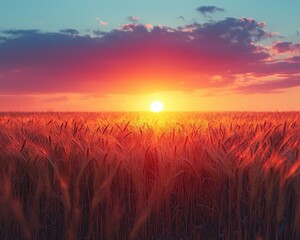 Golden wheat field under a vibrant sunset with colorful clouds in the background