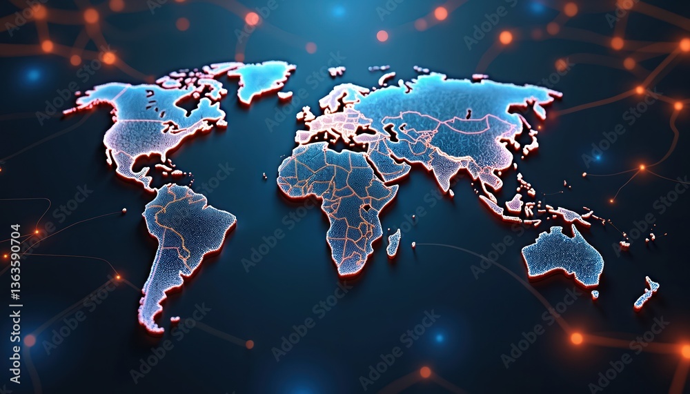 Aufkleber Digital world map with network connections. Illustration of global communication data transfer across continents. Networks, commerce, finance, trading, data exchange visualized in three-dimensional