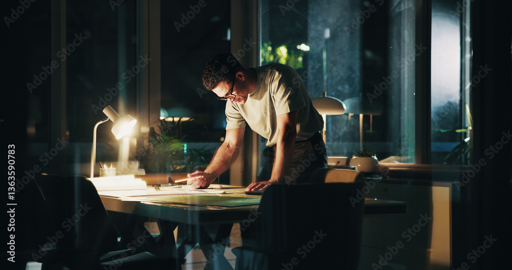 Poster architecture, night and man in office drawing for urban planning, property design and floorplan. cre