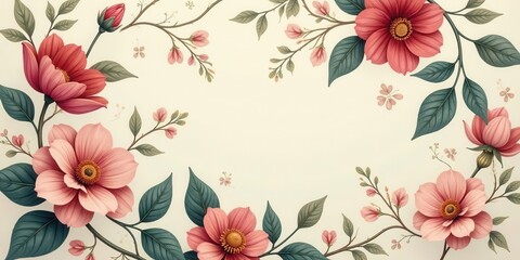 Obraz premium Elegant Floral Border Featuring Delicate Blooms and Lush Greenery, Ideal for Invitations or Decorative Purposes