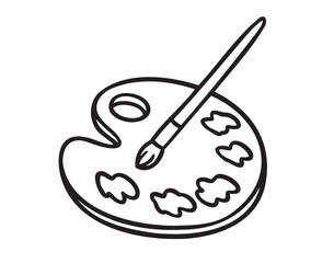 palette with paint brush doodle hand drawn icon. Outline drawing palette with paint brush line clipart symbol
