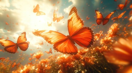 Orange butterflies soaring above a vibrant flower field, bathed in sunlight.