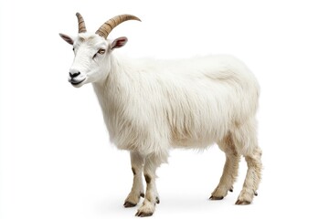 Standing Mountain Goat with White Fur and Horns Isolated on White