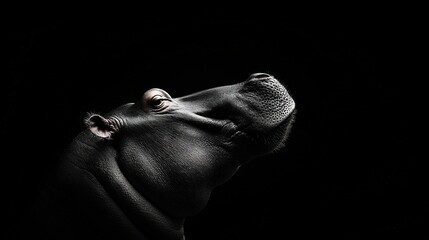 Naklejka premium A monochrome image of a newborn hippo with its mouth wide and eyes shut in the nighttime