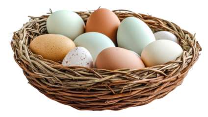 Colorful eggs nest nature still life organic isolated on transparent background