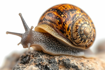 Snail close-up Brown, textured shell, and detailed body on a rough surface, isolated against white