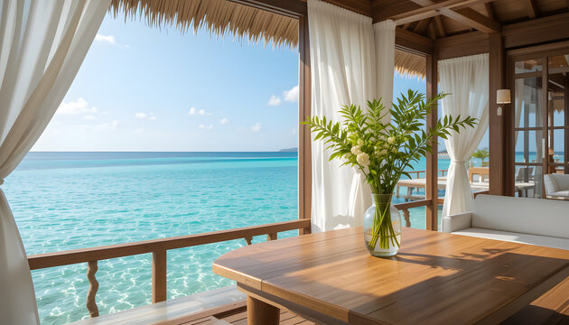 empty wood table top with vase with green plants in luxury overwater bungalow on summer background of crystal-clear lagoon with turquoise water. Soft ocean breezes move the sheer white curtains.  - Powered by Adobe