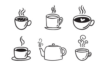 Hand drawn hot drinks set. Doodle coffee cups white background. Coffee, tea, cappuccino, espresso, latte, americano, hot chocolate
