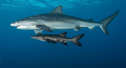 Fototapeta premium Remora hitches ride on tiger shark underside in vast ocean waters habitat