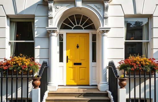 Yellow door luxury London townhouse white stucco exterior. Classic architecture, elegant design. Stylish home front view, property in Britain. City street with nobody. - Powered by Adobe