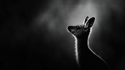   Black & White image of a kangaroo with head turned, gazing at the sky