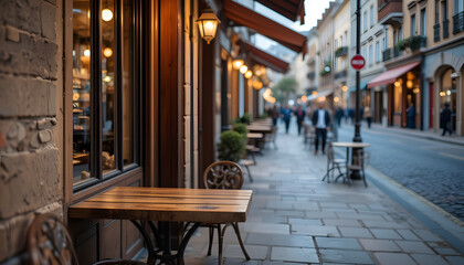Empty small outdoor wooden top table and chair on exterior wall in front of cafe, bar, coffee shop and restaurant on sidewalk in European cozy town with blurred street background
