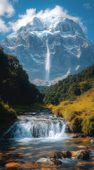 Snowy mountain view with waterfall cascading into creek surrounded by vegetation