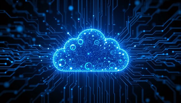 Cloud bleu base donn&eacute;es num&eacute;rique avec connexions et particules, concept stockage et r&eacute;seau. Technologie vitesse wifi Internet ordinateur.