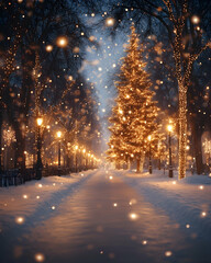 Snowy path lined with trees, lit with sparkling warm Christmas lights, in a festive, wintery scene