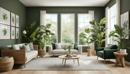 Fototapeta premium Intérieur design maison appartement avec plantes vertes, décoration apaisante et moderne. Emménagement déménagement inspiration.