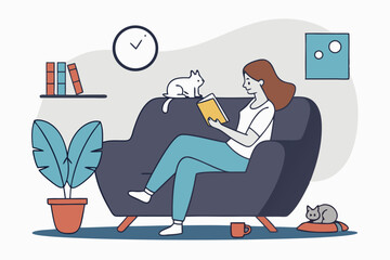 Relaxation lifestyle, comfortable at home or calm, cosy wellbeing or enjoy reading books, positive emotion, chill or reduce anxiety concept, young woman relax reading book while playing with pet.