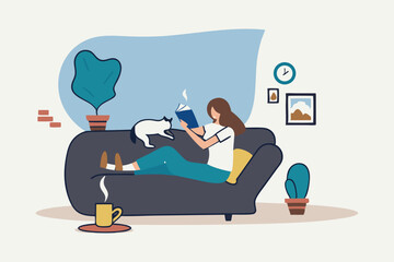 Relaxation lifestyle, comfortable at home or calm, cosy wellbeing or enjoy reading books, positive emotion, chill or reduce anxiety concept, young woman relax reading book while playing with pet.