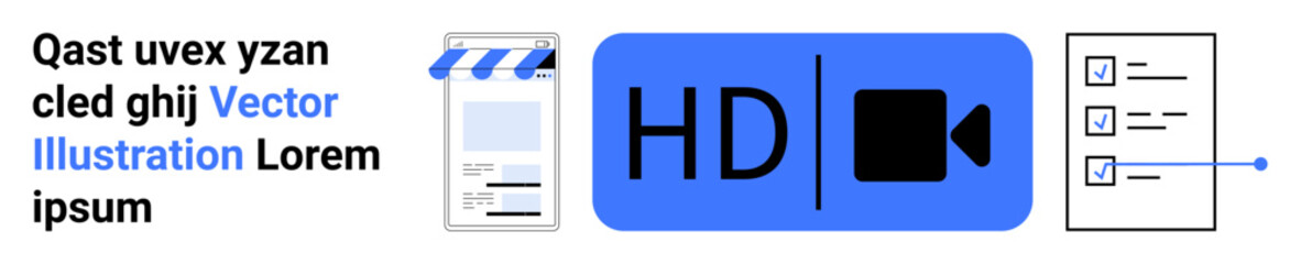 HD video screen, film slate, checklist, and text elements highlight media production, planning, organization, and content development. Ideal for tutorial, filmmaking education marketing project
