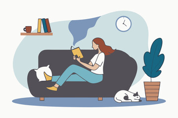 Relaxation lifestyle, comfortable at home or calm, cosy wellbeing or enjoy reading books, positive emotion, chill or reduce anxiety concept, young woman relax reading book while playing with pet.