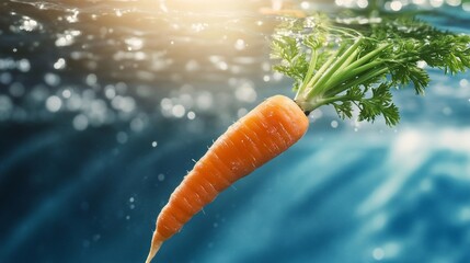 Carrot submerged, vibrant greens emerge in glistening, blue water