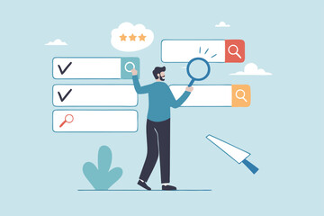 Search or discover new information, find new job or career available, research and analyze information, SEO website optimization, searching concept, businessman search new job on virtual search box.
