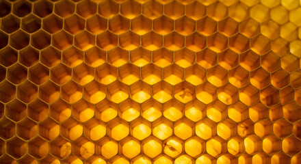 Intricate beehive honeycomb structure filled with golden honey substance