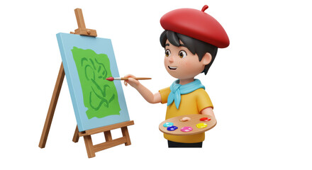 Isolated Young Artist Painting on Easel with Palette