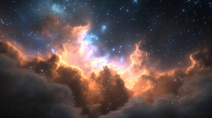 Obraz premium Celestial panorama Clouds meet the starry abyss, light painting the darkness