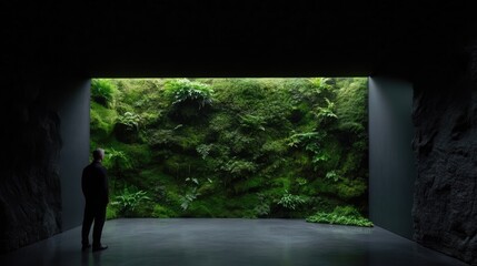 Modern minimalist interior with lush green wall