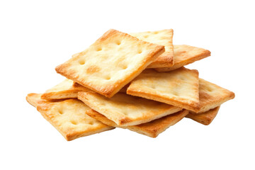 Fototapeta premium Close-up of crunchy square crackers with light brown edges on black background, cut out