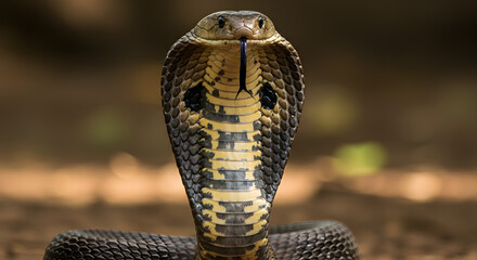 Intense gaze of a cobra in defensive pose hood spread in the wild nature