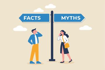Fact vs Myth, truth or false information to make decision, belief or fiction to choose to believe, trustworthy, fraud or wrong direction concept, business people at Facts vs Myths directional sign.