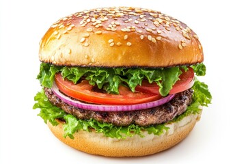 Juicy Hamburger with Fresh Toppings on a Sesame Seed Bun