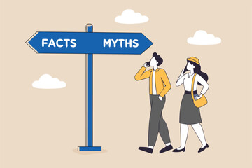 Fact vs Myth, truth or false information to make decision, belief or fiction to choose to believe, trustworthy, fraud or wrong direction concept, business people at Facts vs Myths directional sign.