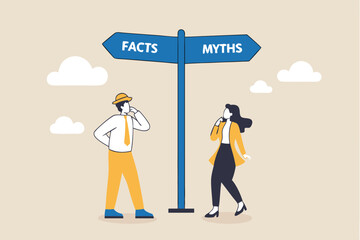 Fact vs Myth, truth or false information to make decision, belief or fiction to choose to believe, trustworthy, fraud or wrong direction concept, business people at Facts vs Myths directional sign.