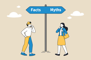 Fact vs Myth, truth or false information to make decision, belief or fiction to choose to believe, trustworthy, fraud or wrong direction concept, business people at Facts vs Myths directional sign.