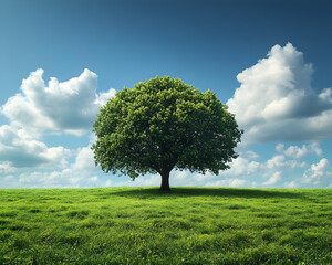 Solitary tree stands in green field under a bright blue sky with white clouds