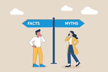 Fact vs Myth, truth or false information to make decision, belief or fiction to choose to believe, trustworthy, fraud or wrong direction concept, business people at Facts vs Myths directional sign.