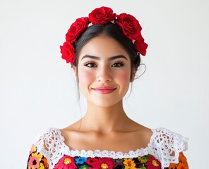 Smiling Woman with Rose Crown and Traditional Dress Portrait