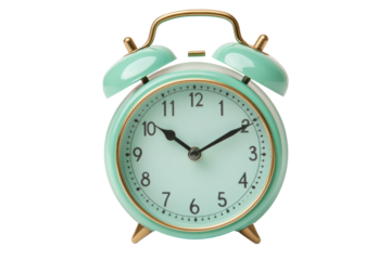 Vintage mint green analog alarm clock showing 10:10 with brass accents, cut out